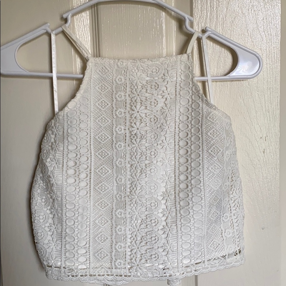 Cream Halter Crop Top with Lace overlay